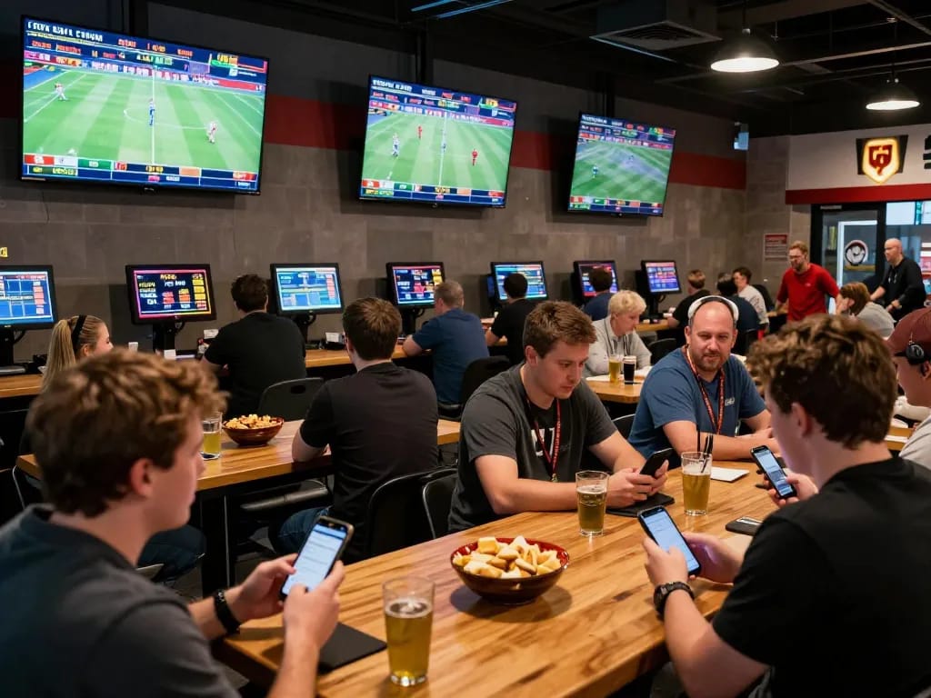Engaged bettors analyzing keobongda odds in a lively sports bar environment