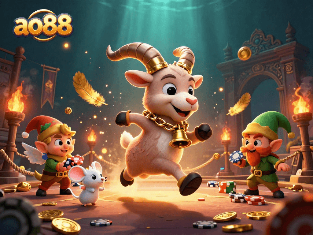 Experience exciting action at ao88 with a Krampus goat overseeing a chaotic casino scene.