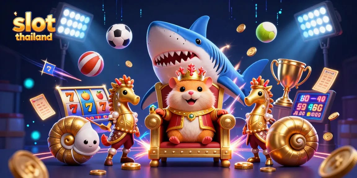 Engage in thrilling slot thailand experiences with a fierce hamster king amidst vibrant gaming elements.