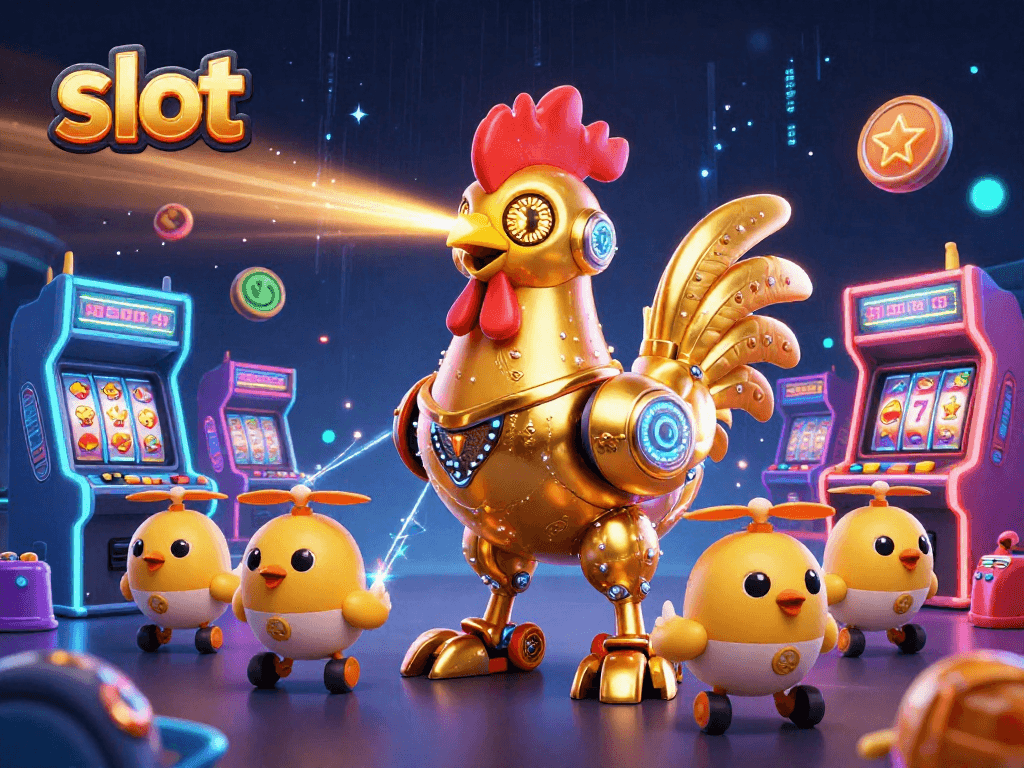 Slot online menarik dengan simbol buah dan robot ayam robotik yang memancarkan cahaya laser.