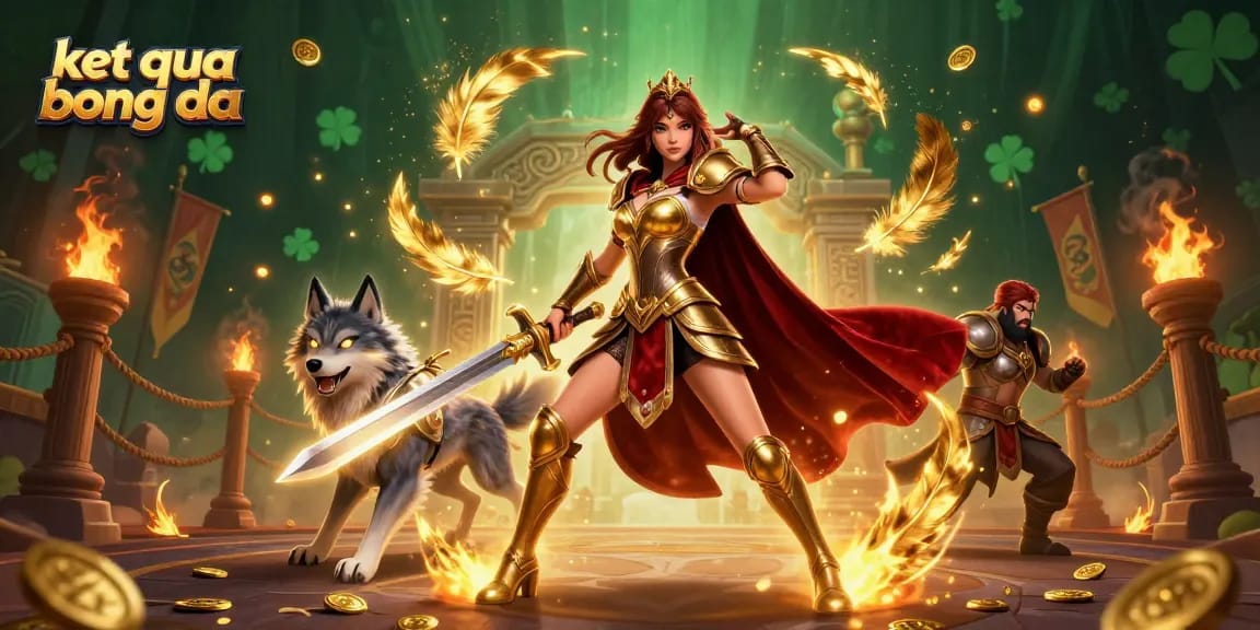 Engage in ket qua bong da with a stunning warrior queen in golden armor and an armored wolf in a vibrant casino arena.