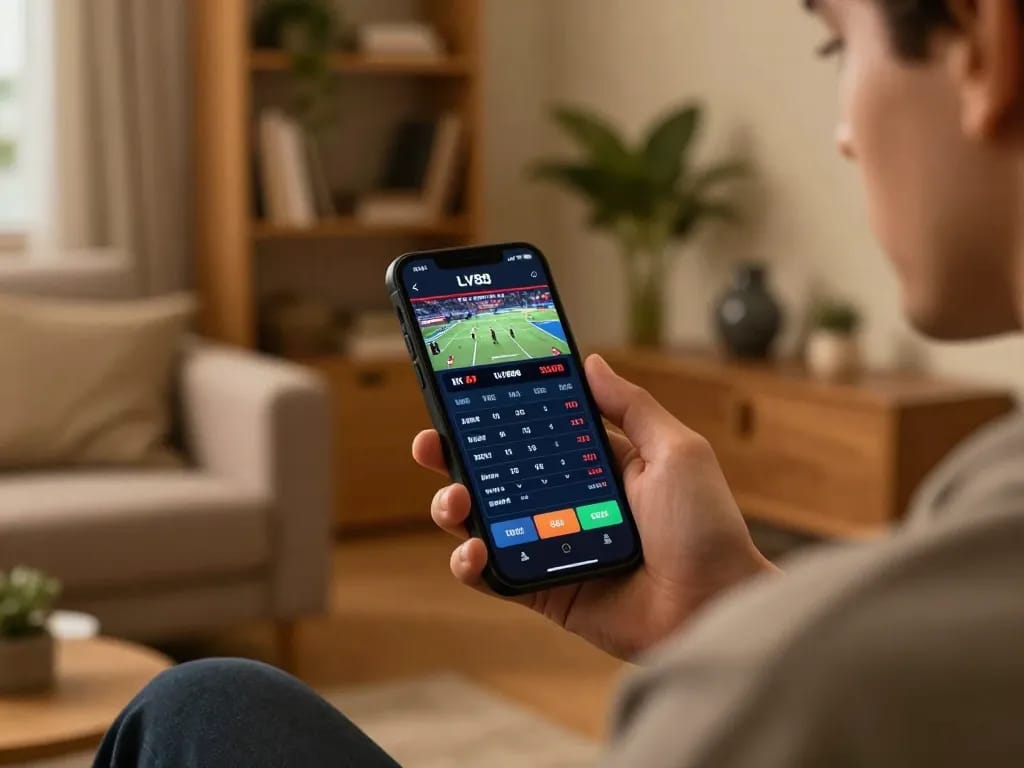 Online player reviewing sports odds on LV88 mobile app while enjoying a cozy home setting.