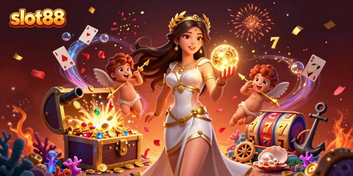 Experience the thrilling jackpot excitement of slot88 with vibrant visuals featuring a Grecian goddess and golden game elements.