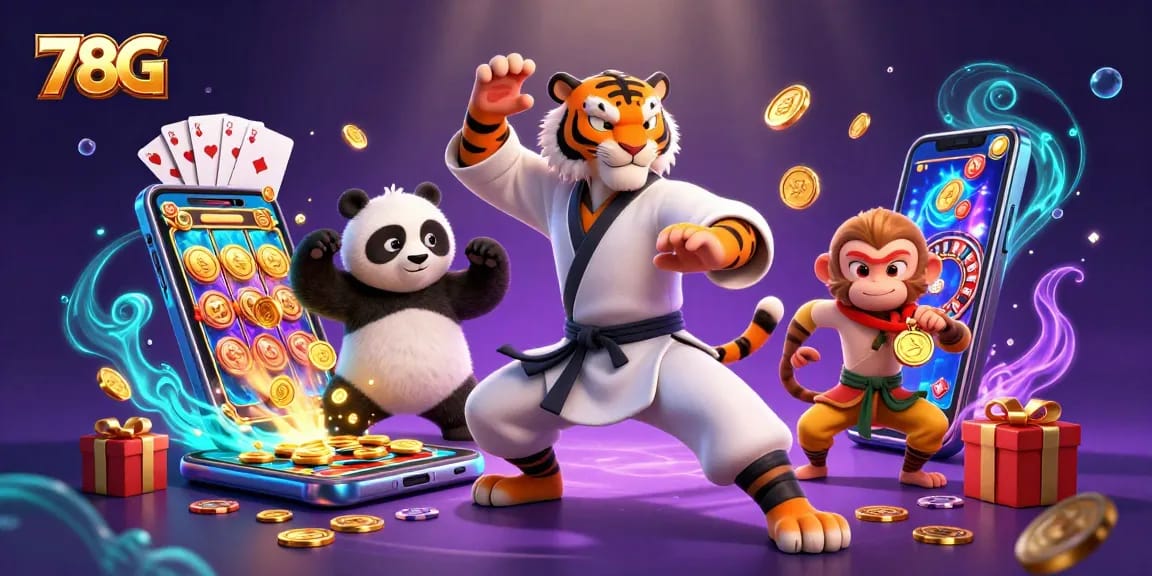 Aja nos slots da 78G com um tigre mestre de kung fu, panda e macaco em uma cena vibrante.