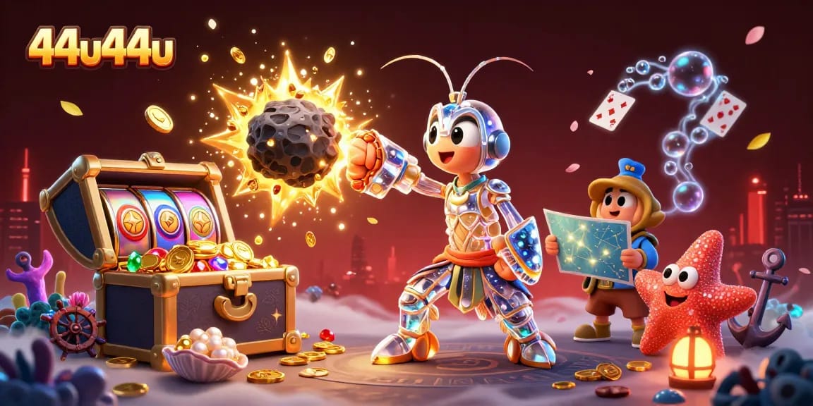 44u44u's dynamic casino scene bursts with treasures and adventure as the samurai shrimp battles an asteroid.