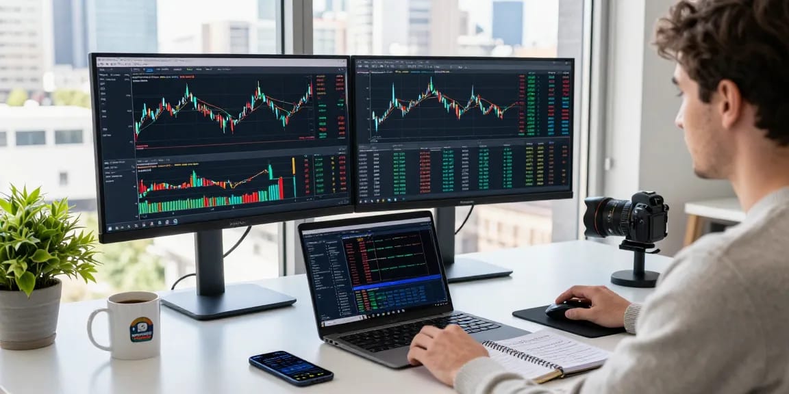 使用TradingView进行股票和加密货币交易的交易员在现代化工作空间内，显示实时图表和技术指标。