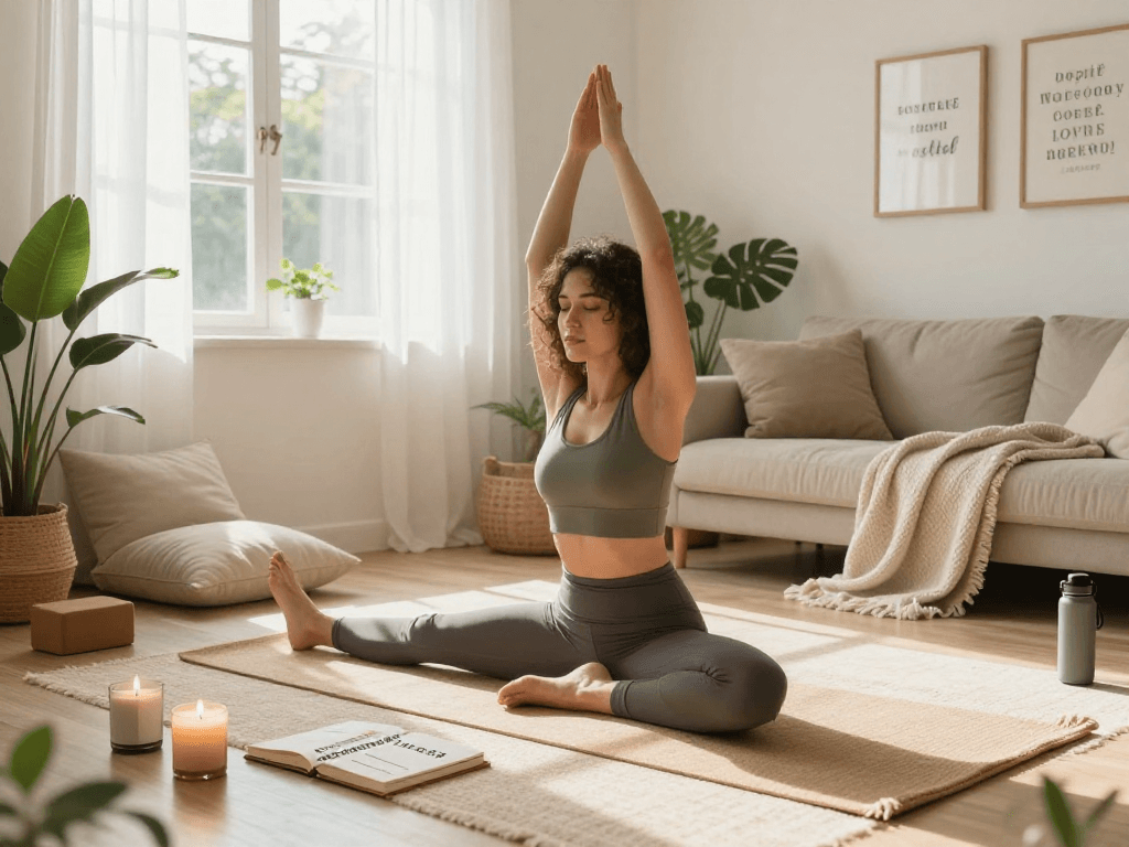 Young woman practicing yoga at home, embracing mantra88 for wellness and mindfulness.