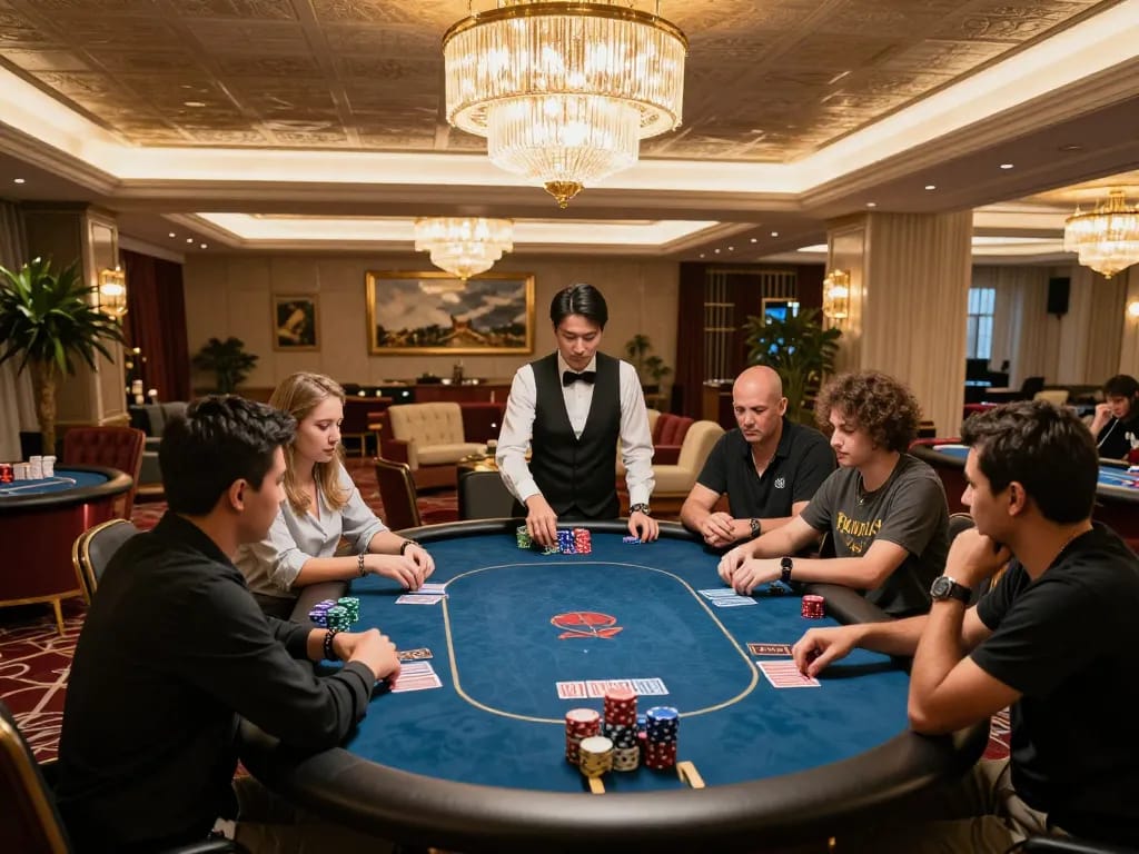 High-stakes poker scene at VIP gaming table featuring excited players at https://888vnd.bid/