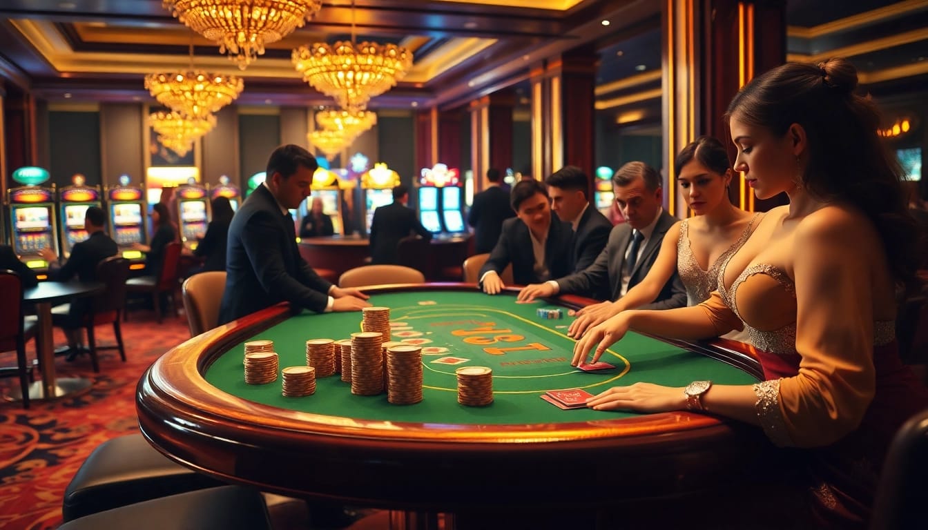 Engaged players at GO8's luxurious poker table, showcasing high stakes and excitement.