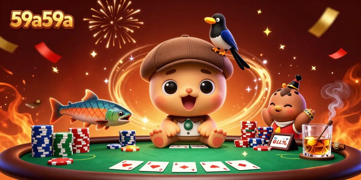 Engage in thrilling gameplay with cartoon characters celebrating at 59a59a poker scene.