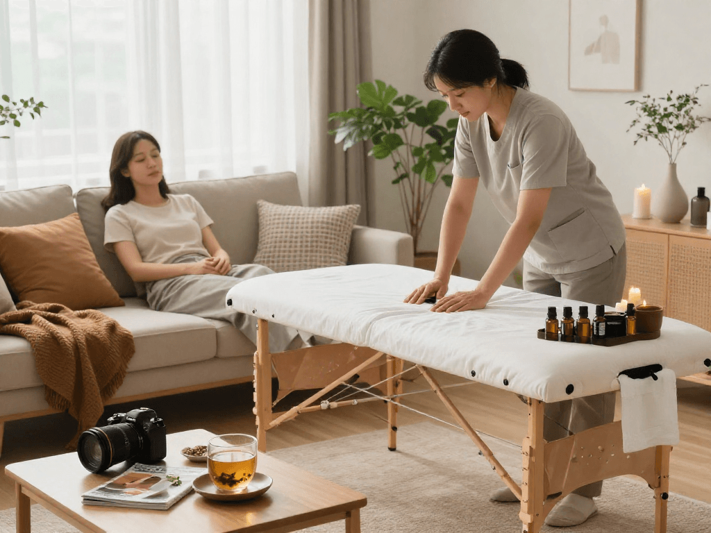 Client preparing for 노원출장마사지 in a cozy home setting with a therapist setting up the massage space, creating a relaxing atmosphere.