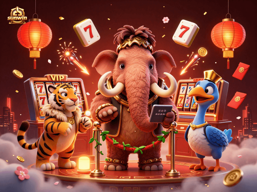 Engage with sunwin's vibrant gaming scene featuring a woolly mammoth bouncer and saber-tooth guest in a lively casino.