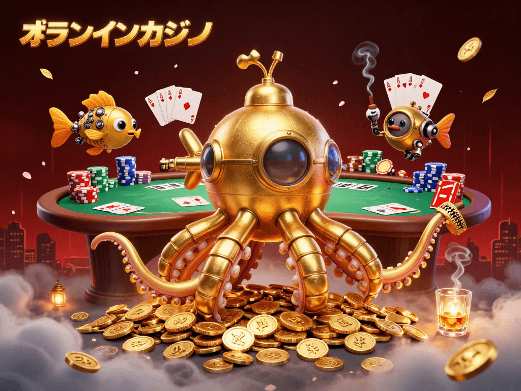 オンラインカジノのスリル溢れるデザインで、金色のクラーケンが現れるシーン
