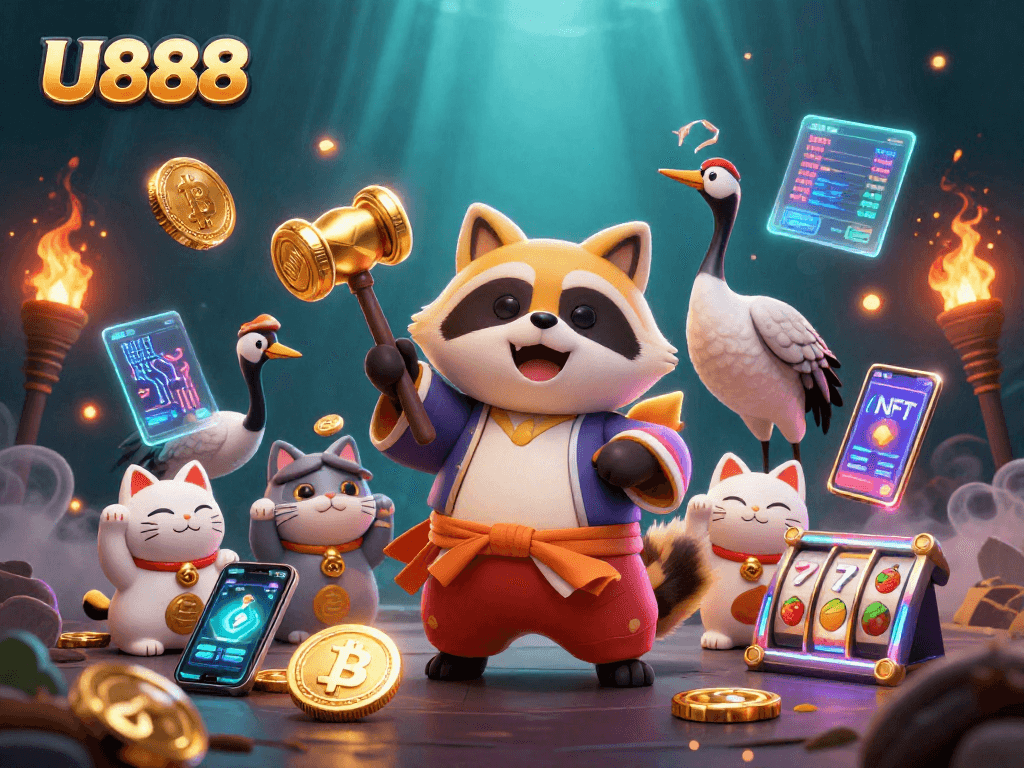 Experience U888 gaming thrills with festive characters and crypto elements in a vibrant casino scene.