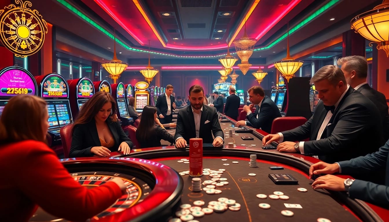 KJC gamblers enjoying a lively casino atmosphere at roulette tables with vibrant slot machines.