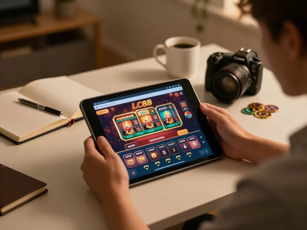 Engaged player using LC88 casino app on tablet, showcasing responsible online gambling strategy.
