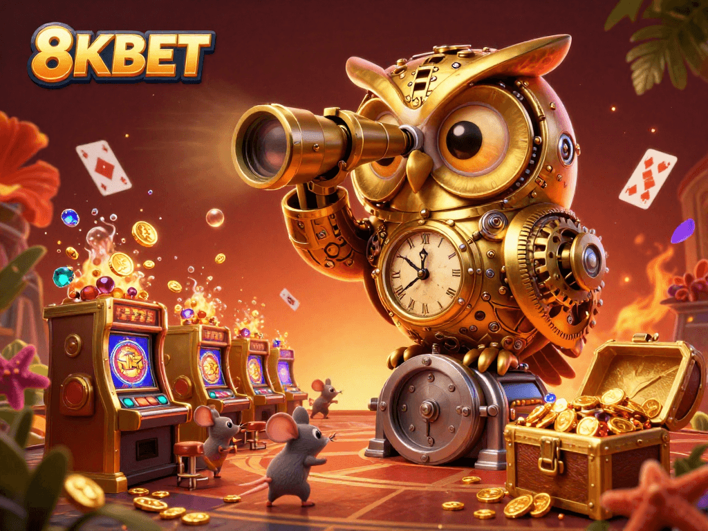 Experience the thrill of 8KBET casino with a vibrant scene featuring a golden owl and dynamic game elements.