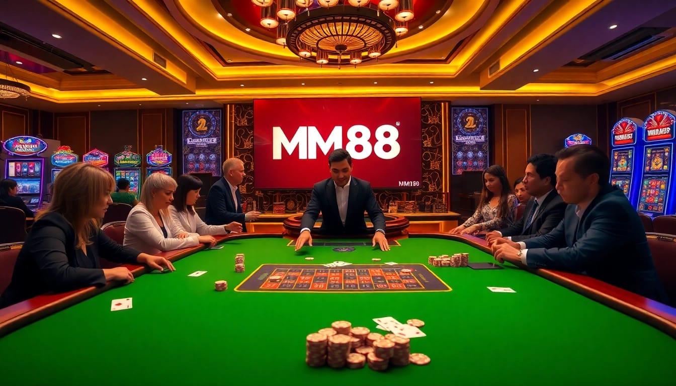 MM88 poker table scene with professional dealers and excited players, showcasing high-stakes gambling.