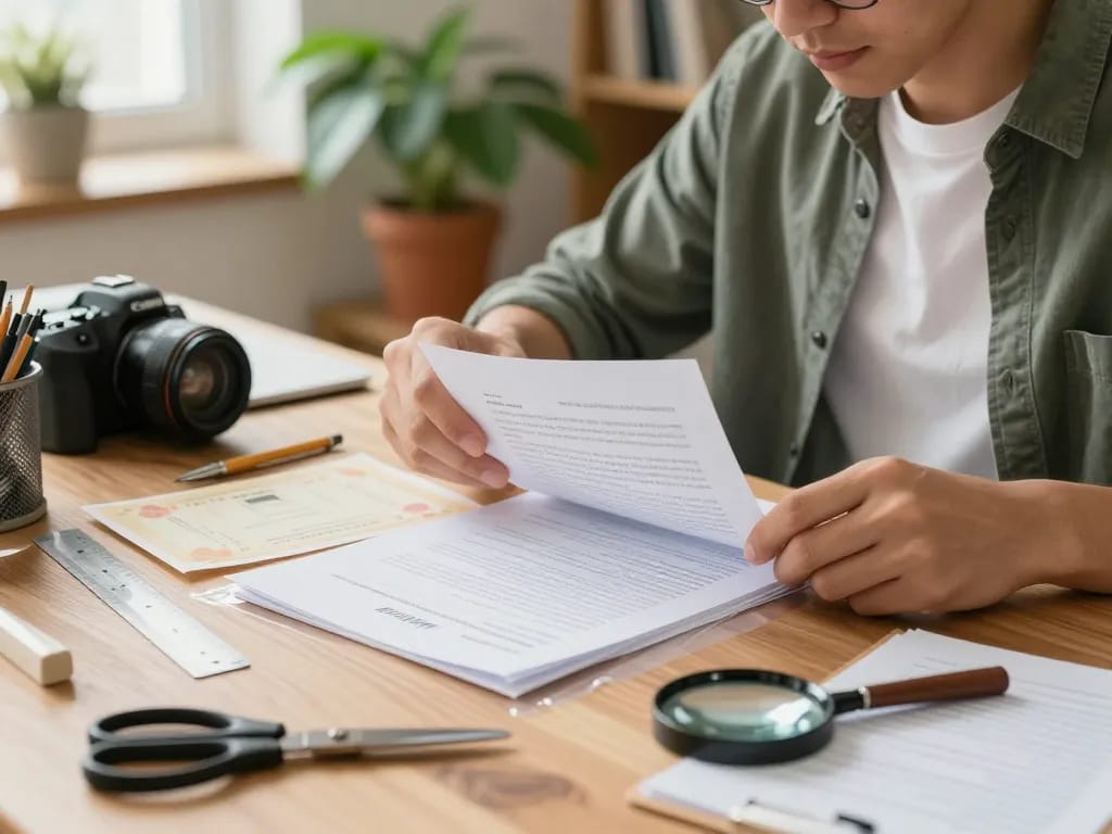 hướng dẫn bóc lớp ép plastic hà nội: Person carefully removing plastic layers from important documents in a home office.