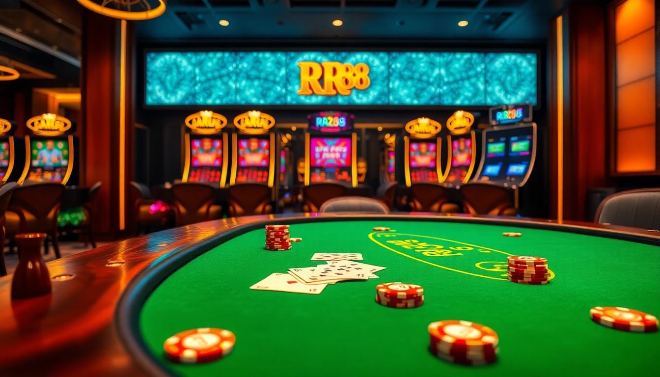 RR88 poker table with vibrant chips and cards in an inviting casino setting.