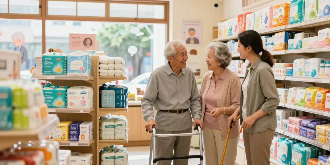 hkseniormall shopping experience with seniors browsing medical supplies in a welcoming market.