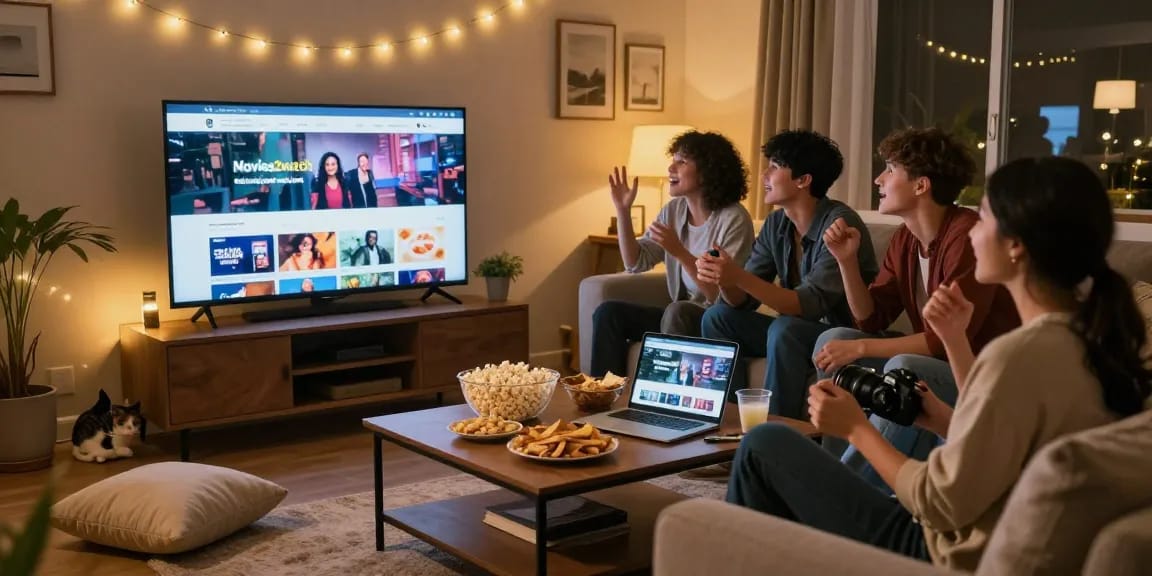 Enjoying Movies2watch with friends during a cozy movie night at home