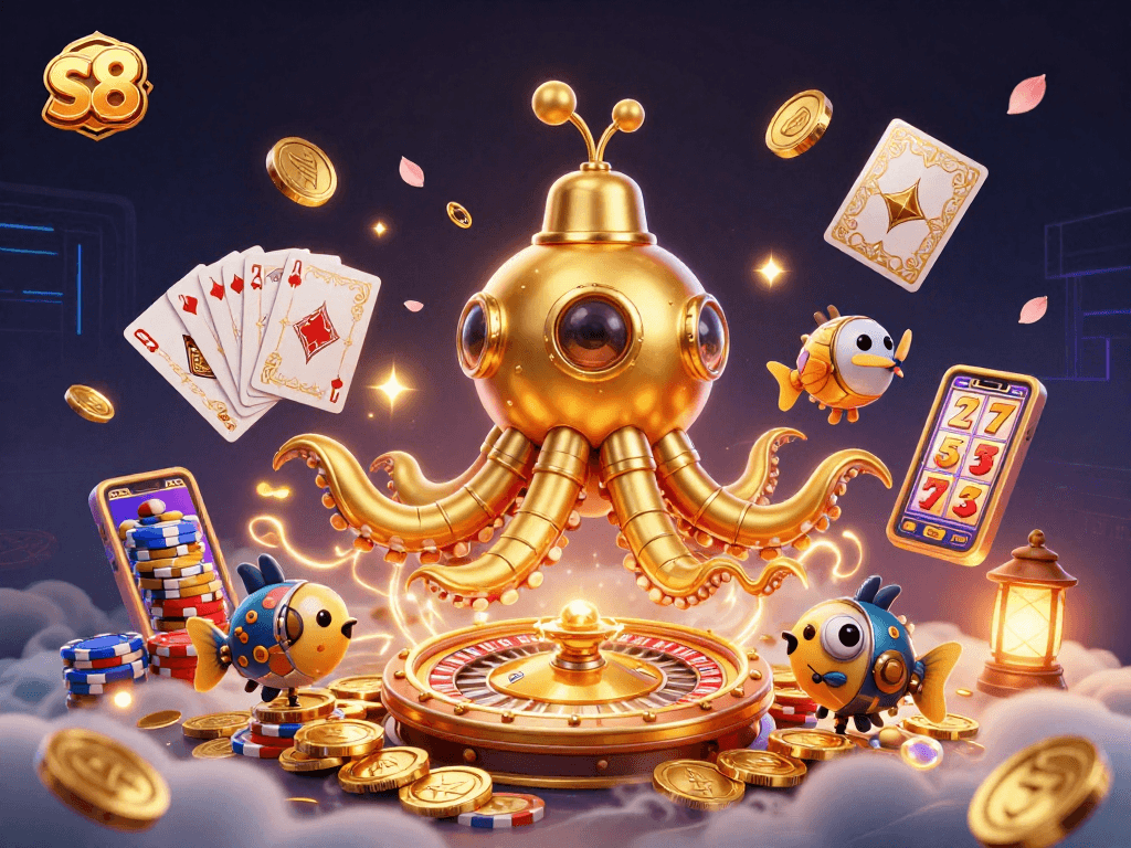 S8 offers thrilling gameplay as a kraken submarine embraces a sea of golden coins in this dynamic casino scene.