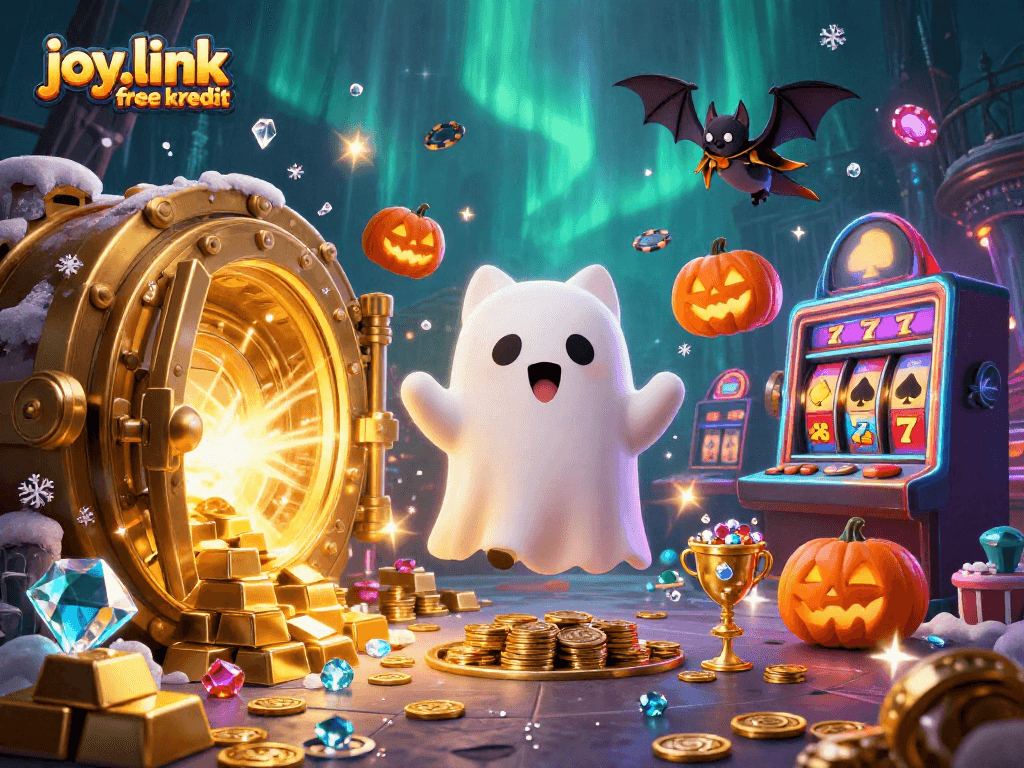 Spin the reels with joy.link free kredit in this vibrant haunted casino illustration.