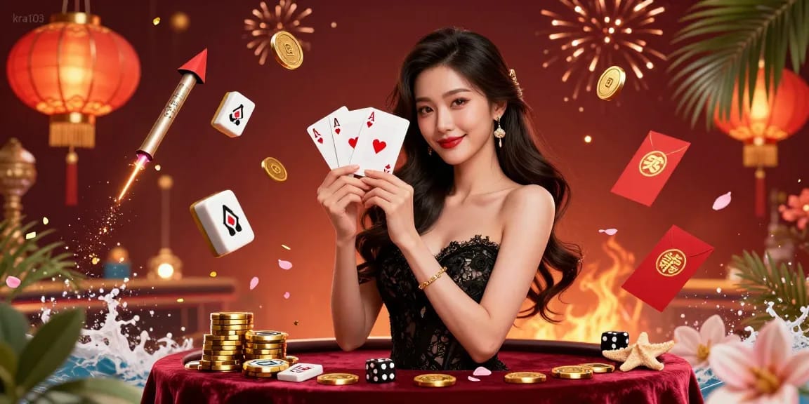 Experience winning moments with kra103 in an elegant casino scene featuring mahjong tiles, poker chips, and vibrant custom elements.