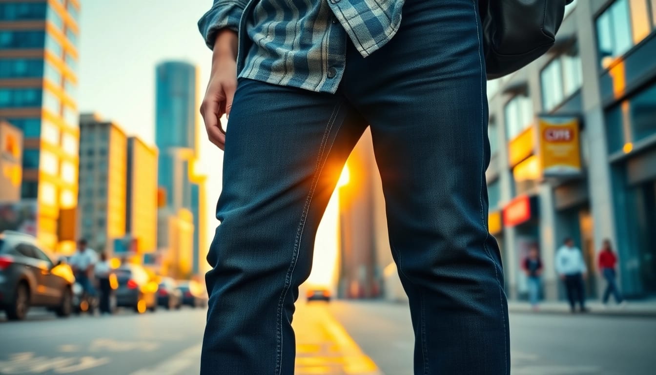 Showcasing black jeans men styled with a casual outfit against an urban backdrop.