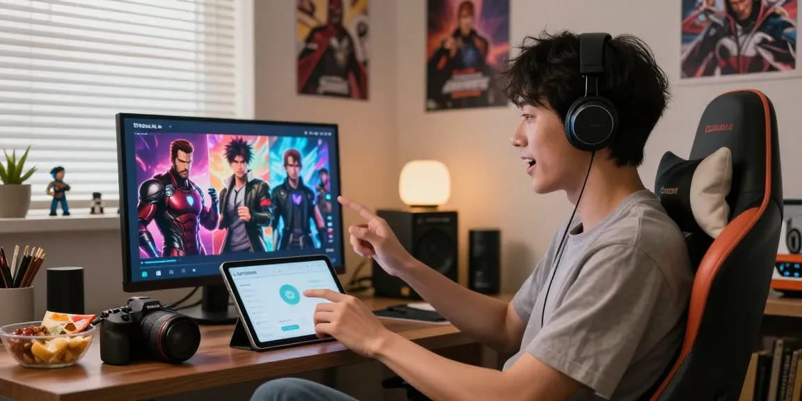 Engaging user interacting with the Status AI app, showcasing vibrant character graphics in a cozy gaming setup.