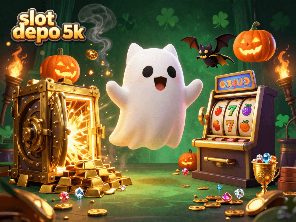 Engage with thrilling slot depo 5k excitement in a vibrant haunted casino scene featuring playful ghost cat and bat.