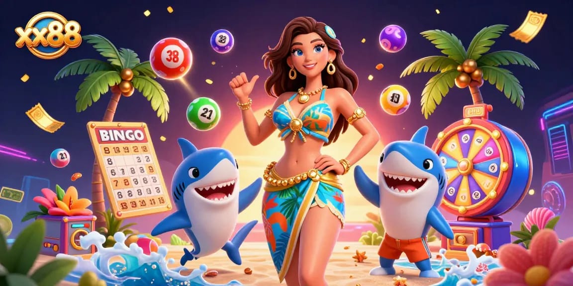 Experience winning at xx88 with vibrant games and characters in this 3D casino illustration.