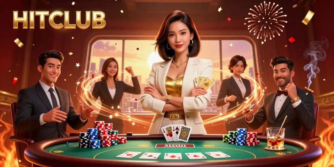Engage in gaming excitement at HITCLUB, with a glamorous Asian woman showcasing a golden deck of cards.