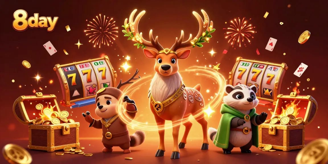 Experience thrilling wins at 8day with vibrant casino elements and magical characters.