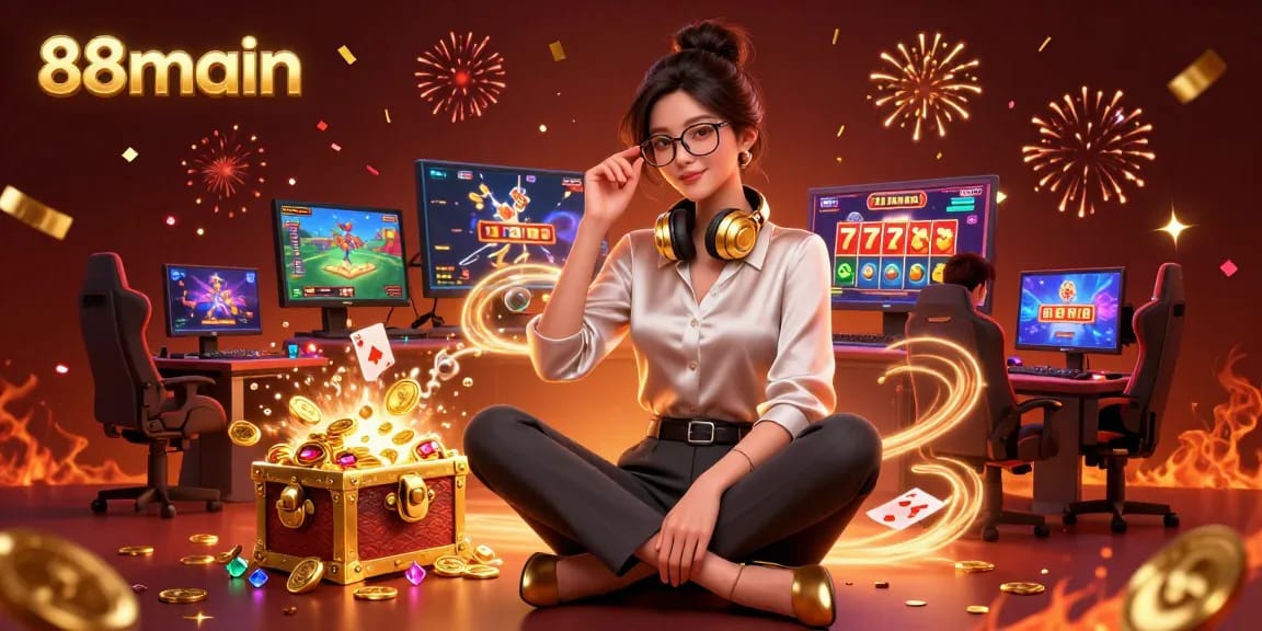 Berinteraksi dengan permainan yang mendebarkan di 88main, menampilkan pemain profesional bergaya yang terlibat dalam lingkungan permainan yang kaya.