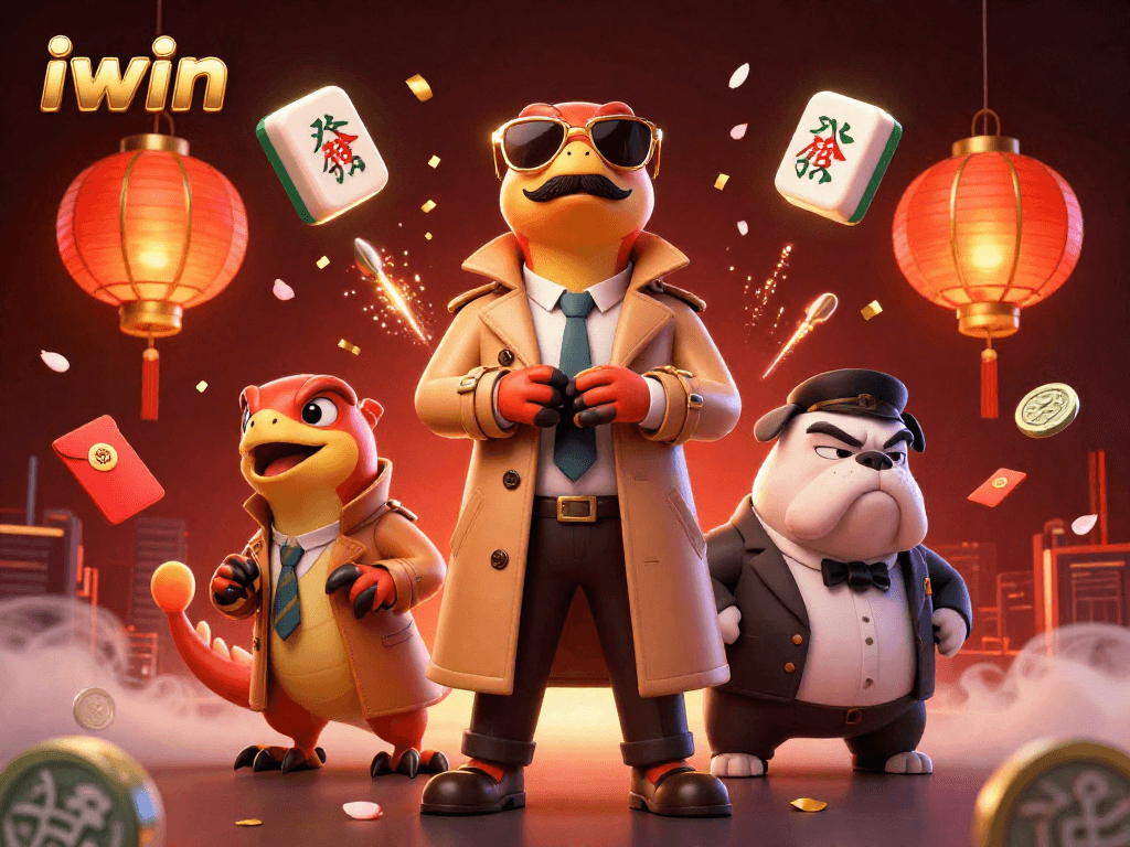Engage with iwin's vibrant casino scene featuring raptors in a trench coat and dynamic gaming elements.