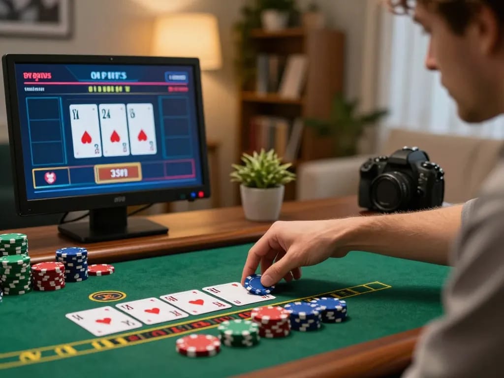 Player engaging in live blackjack at home, showing tx88 betting actions and online interface.