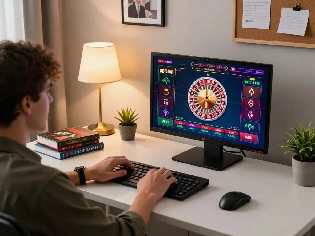 KJC player engaging in an exciting online roulette game, surrounded by strategy notes and a cozy gaming environment.
