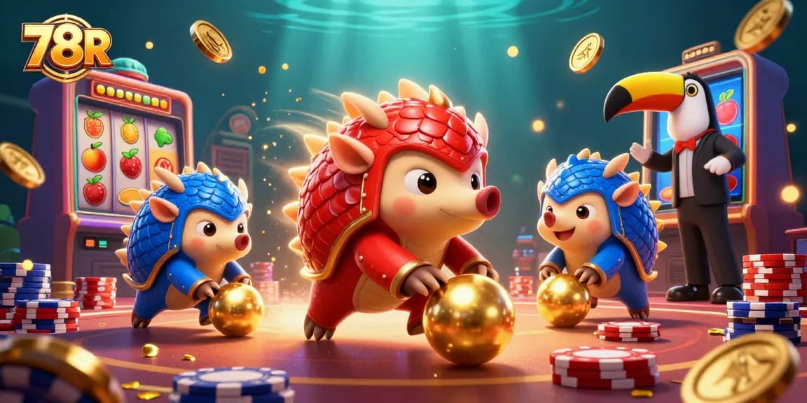 77R proporciona diversão em um cassino com pangolins jogando em meio a fichas de pôquer e jogos de slot.
