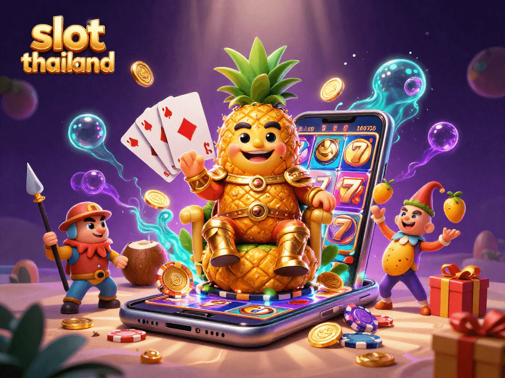 Spin to win at slot thailand with a vibrant 3D scene of playful casino characters and dynamic game elements.