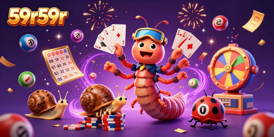 Engage with 59r59r's exciting casino scene featuring lively cartoon characters and vibrant game elements.
