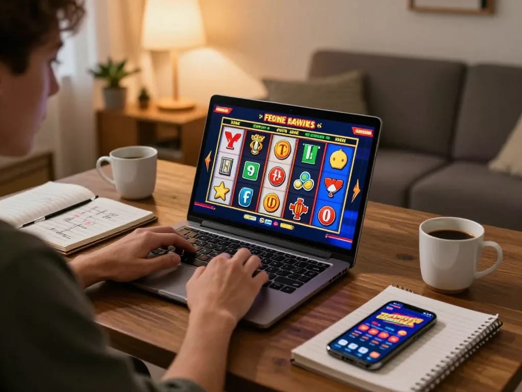 Fabet player spinning online slots in cozy setting, engaging colors and friendly atmosphere.
