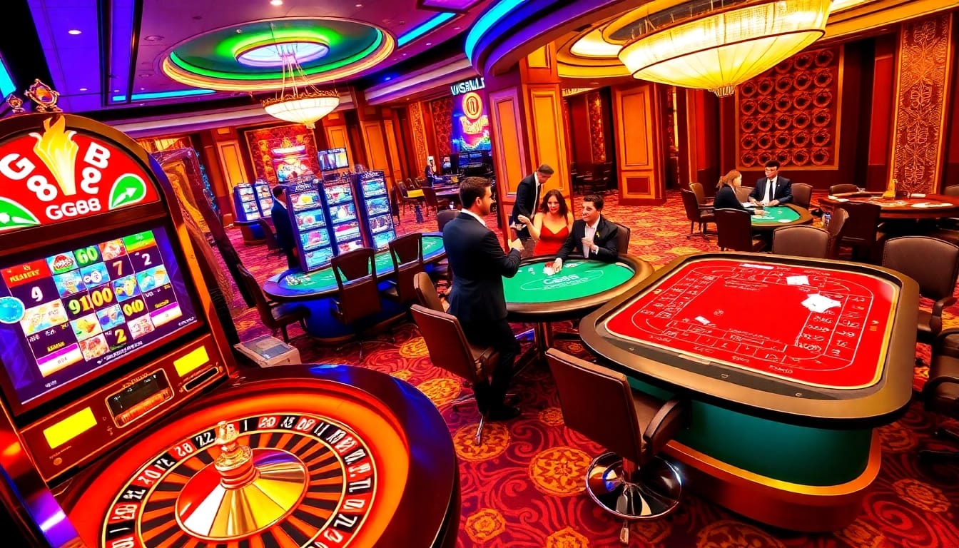 Players celebrating their wins at GG88, a vibrant casino floor filled with excitement.