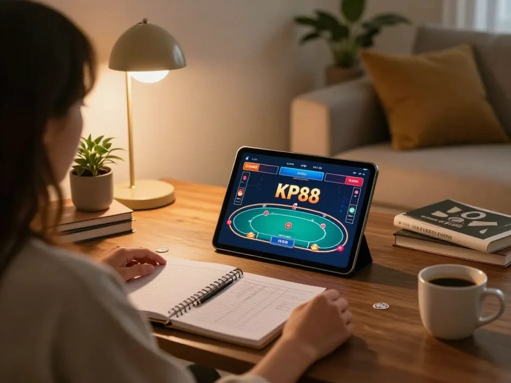 Person strategizing poker on KP88 while enjoying a cozy home ambiance