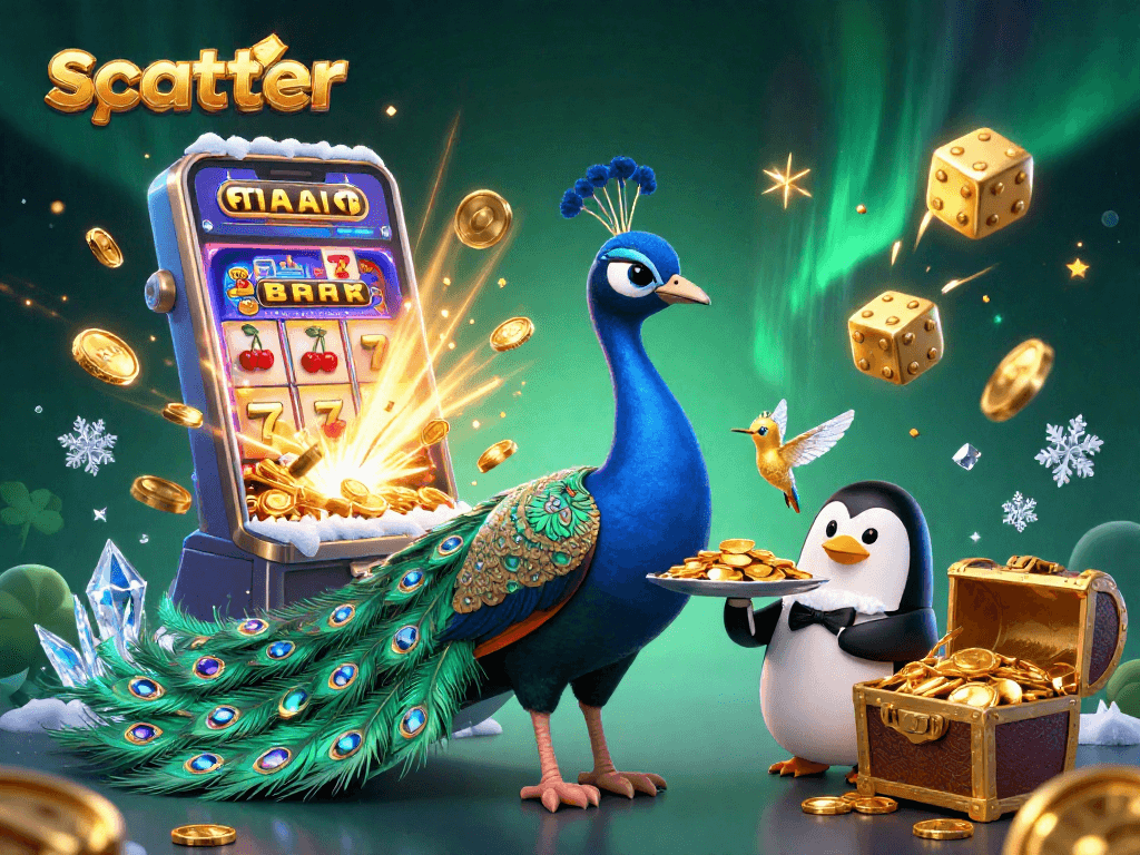 Spin for scatter wins with an aristocratic peacock and lucky symbols exploding around in a vibrant casino scene.