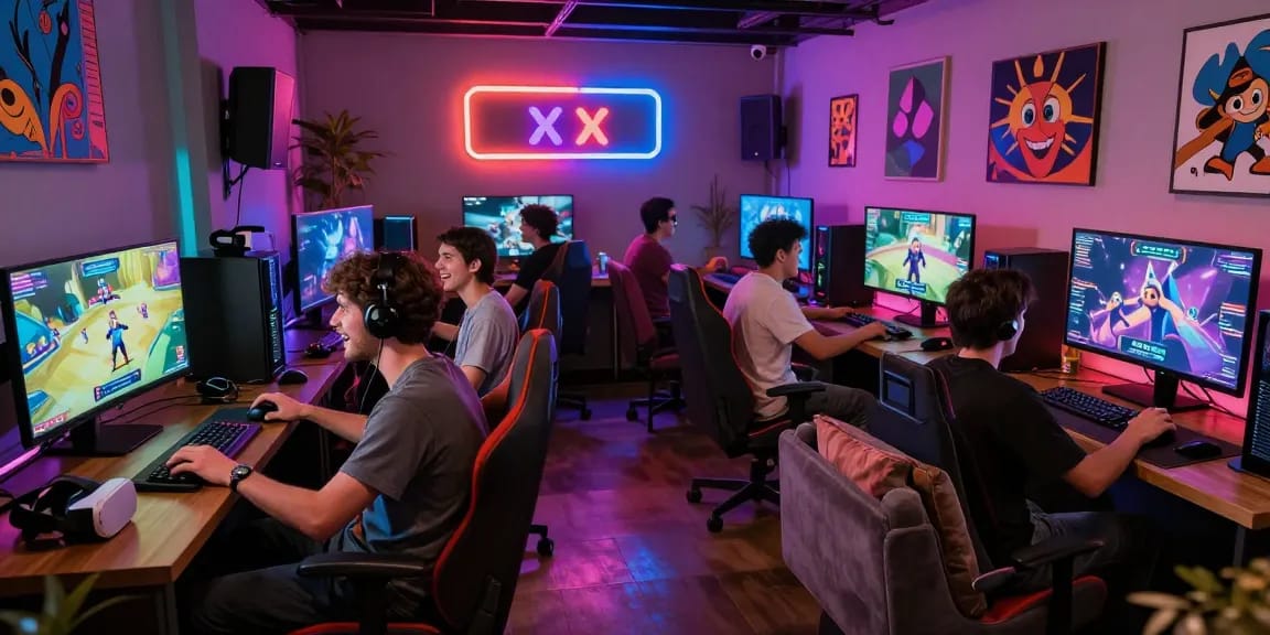 Engaging players enjoying a variety of xxx games in a lively digital lounge atmosphere.