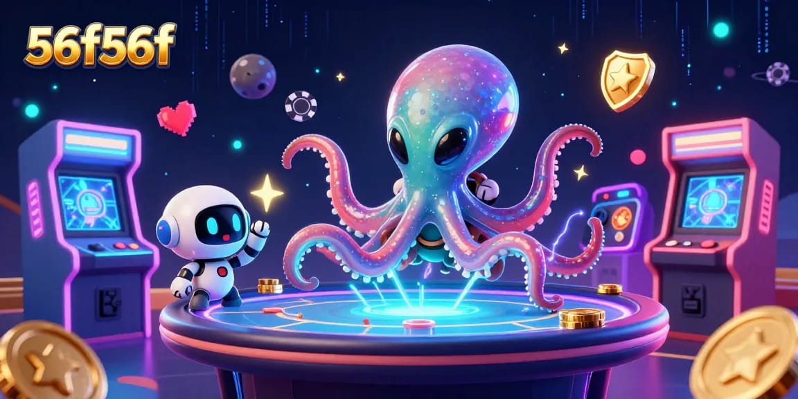 Join the exciting action at 56f56f's holographic poker game with a playful alien octopus!