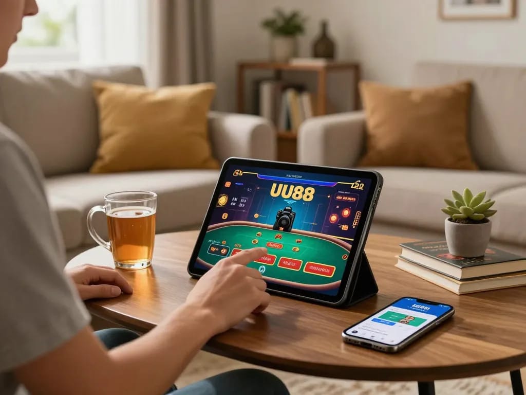 Player enjoying online gaming at UU88 with tablet, cozy home scene highlights responsible gambling.