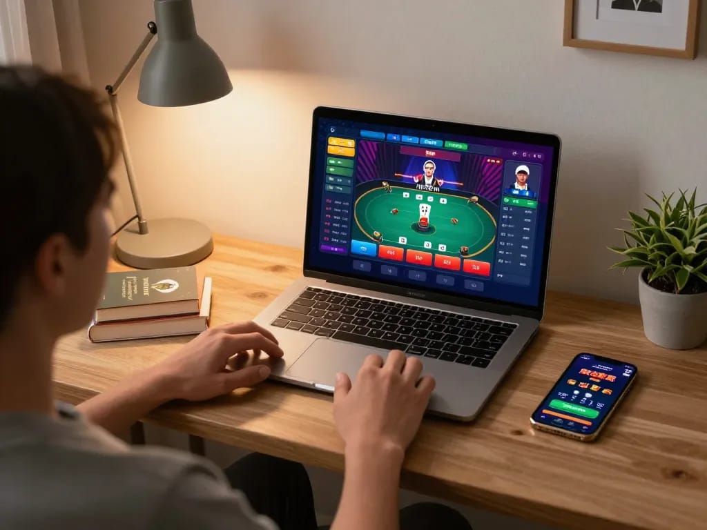 Engaging in online poker gaming while exploring situs 1k on tablet in a cozy living room.